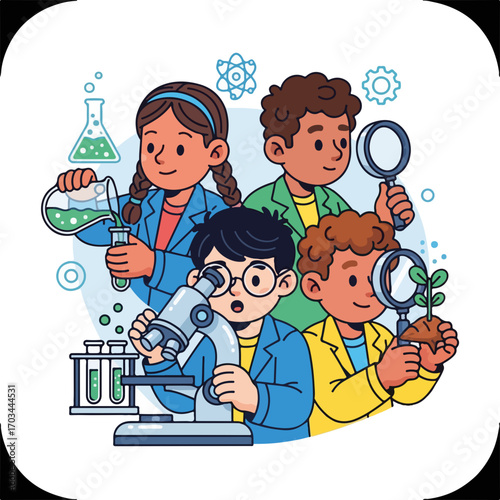 Science kids experimenting with microscope and laboratory equipment in a educational illustration. Science kids are holding magnifying glasses and pouring liquid into test tubes in a fun drawing.
