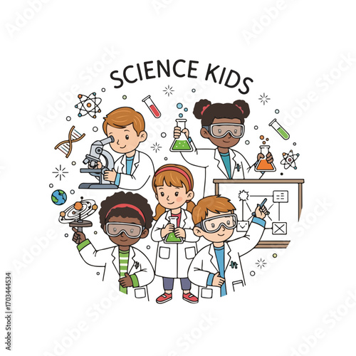 Science kids in laboratory coats with scientific instruments, illustration. Science kids in laboratory coats surrounded by scientific instruments, including microscopes and beakers.