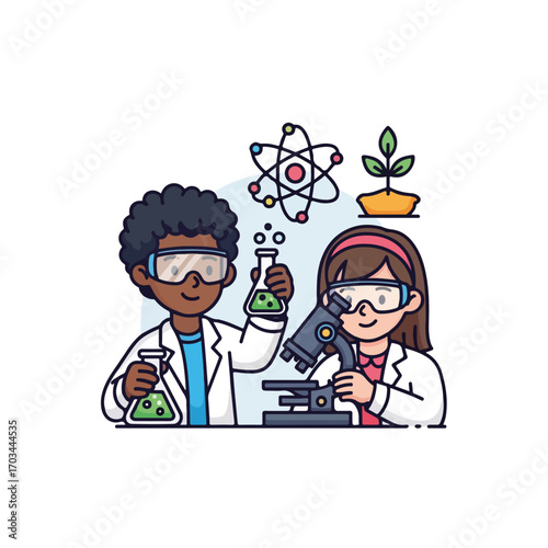 Two science kids conduct experiment with flask and microscope. Science kids demonstrate laboratory work in class, including observing chemical reaction and studying microscopic specimens.