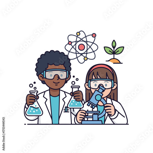 Science kids doing experiments with microscope and flasks, science kids learning with the help of atom models and plants. The science kids have a clear interest in chemistry and biology.