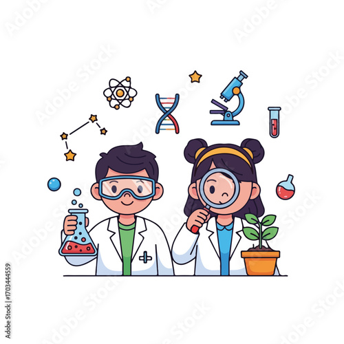 Two science kids, a girl and a boy, experimenting with laboratory glassware, plant, and other science equipment. These science kids are ready to explore molecular structure, DNA, and celestial maps.