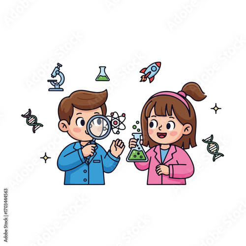 Two science kids enjoy learning with a microscope and magnifying glass, surrounded by scientific equipment and molecules.