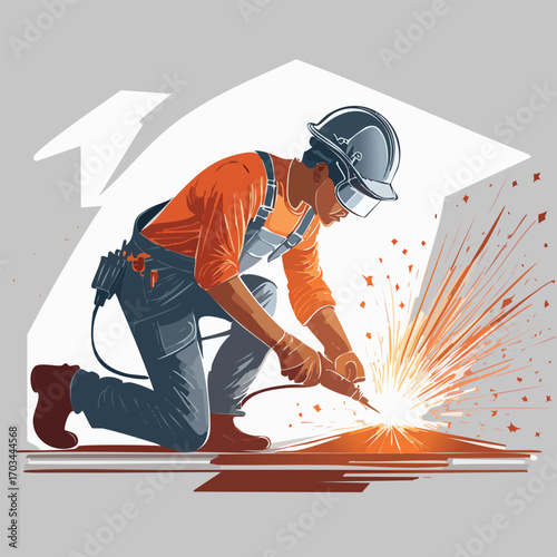 A welder wearing safety gear is kneeling and working on a metal surface, creating bright sparks in a stylized illustration.