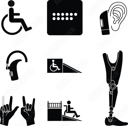 Disability and Accessibility Icons Set - Illustrations for Inclusion, Wheelchair, Braille, Hearing Aid, and Medical Prosthetics.