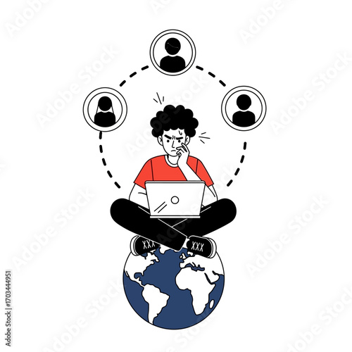 Man juggling remote work and global connections on laptop