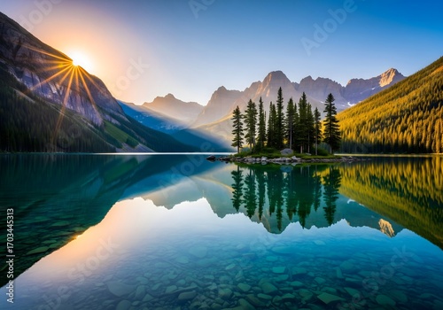 A stunning landscape of a lake, surrounded by mountains and trees. The sun is shining brightly, casting a warm glow over the scene, and the sky is a clear blue transparent background