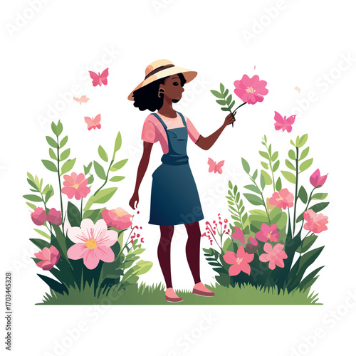 African woman in a garden, admiring a bouquet of pink flowers.