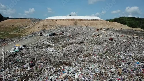 Landfill site in Indonesia filled with household and plastic waste, symbol of urban waste management challenges and environmental crisis.