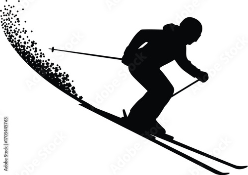 Black silhouette of skier descending slope skiing downhill