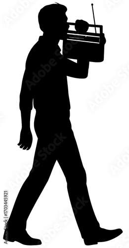 Silhouette of Retro Man Walking with Portable Radio