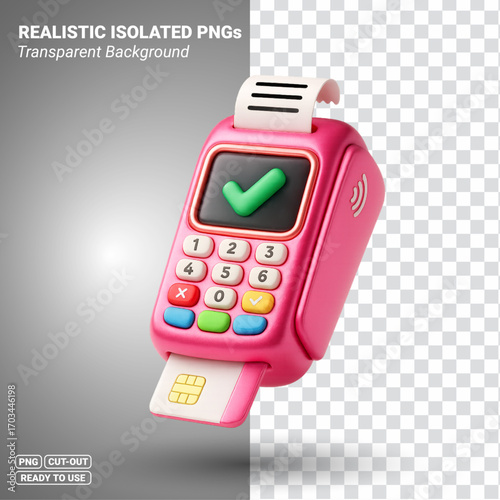3D Card Reader Payment Terminal with Receipt and Check Mark Transparent PNG file ready to be used.
