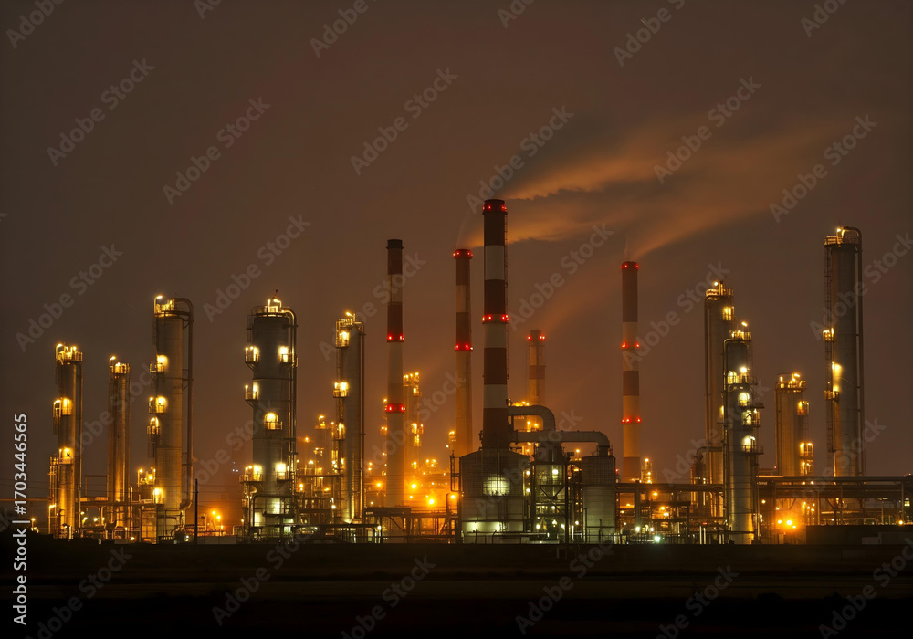 Fototapeta premium Industrial complex, smoke, night, lights.