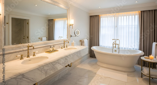 A luxurious bathroom featuring a freestanding bathtub, a double vanity with marble countertops, and elegant brass fixtures.