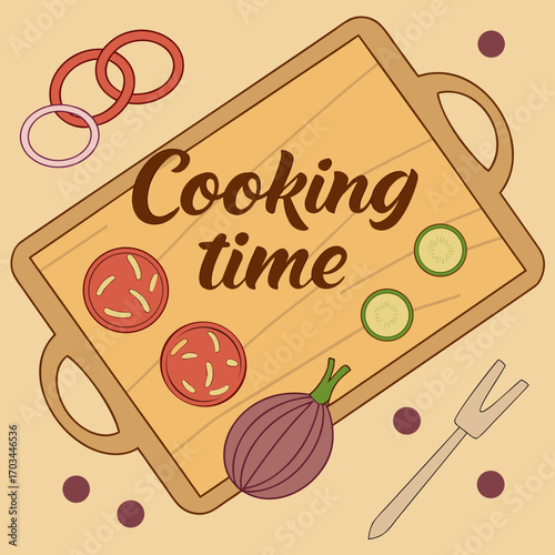 Cooking time with fresh ingredients on a wooden cutting board, ready for a delicious meal preparation
