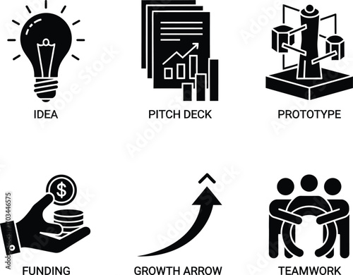 Startup and entrepreneurship icons. Idea, funding, and teamwork vector illustration set. Business development.