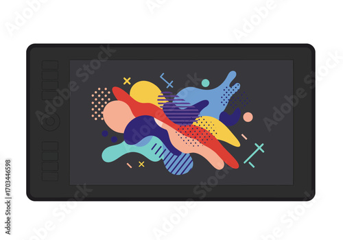 A black graphics tablet displays colorful abstract shapes and geometric patterns