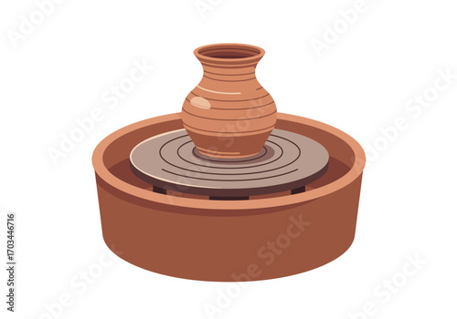 A clay pot being crafted on a pottery wheel against a white background