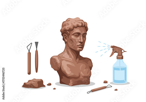 A clay bust sculpture with sculpting tools a spray bottle and pieces of clay