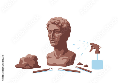 A clay bust loose clay tools and a spray bottle on a white background