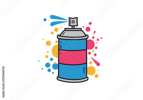 A colorful spray paint can with blue pink and yellow paint splatters around it