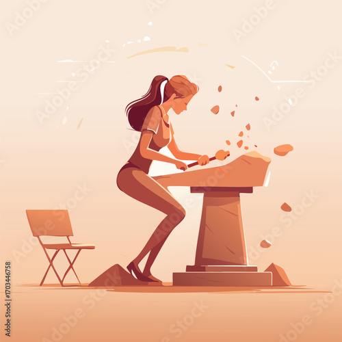 Young woman sculptor meticulously chiseling stone, creating art.