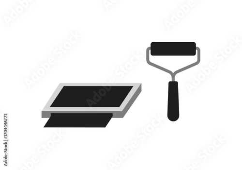 A dark screen printing frame with a roller nearby set against a plain white background