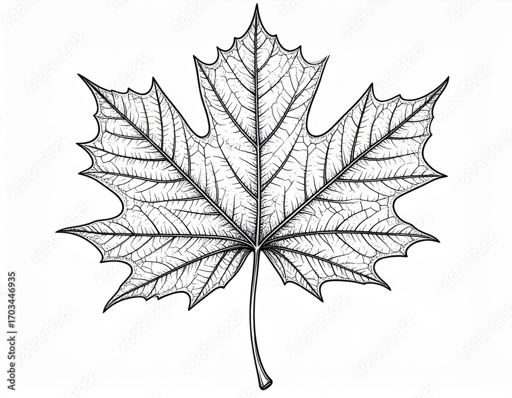 Fototapeta premium Detailed Black and White Maple Leaf Illustration on White Background