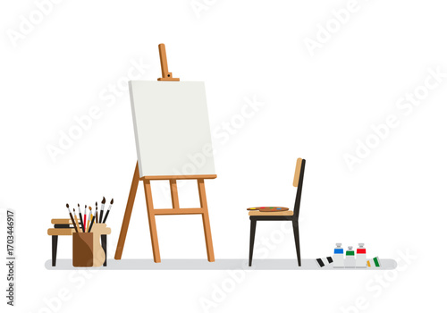 A painters setup easel blank canvas chair with palette brushes paints creating an artistic workspace