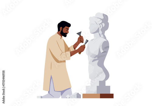 A sculptor carves a bust statue with tools on a white background