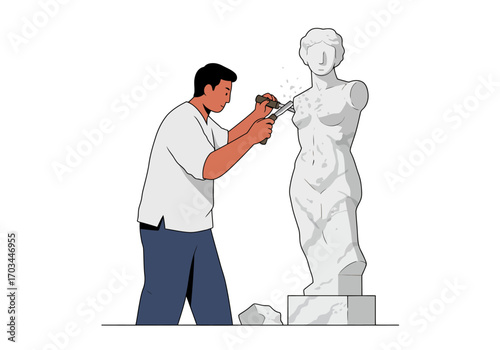 A sculptor works on a white stone torso chipping away with tools