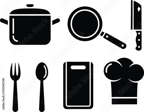 Kitchen and cooking icons. Chef hat, pot, pan, and knife vector illustration set. Kitchenware and food preparation.
