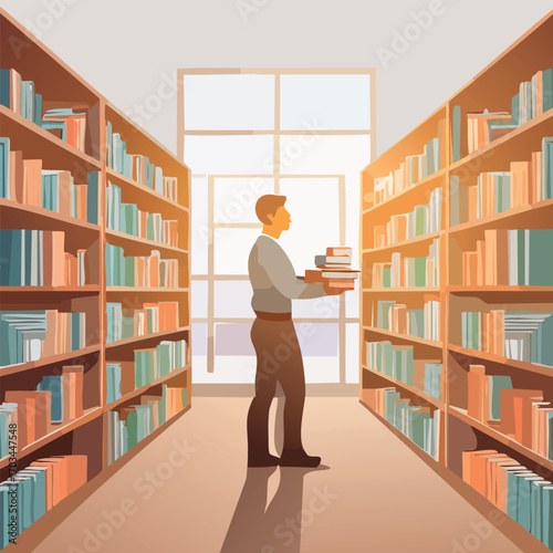 Man carefully selecting books from tall library shelves, bathed in sunlight.