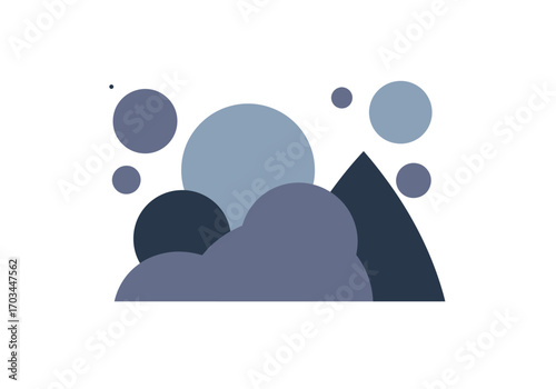 Geometric landscape with circles triangle and cloud shapes in shades of blue