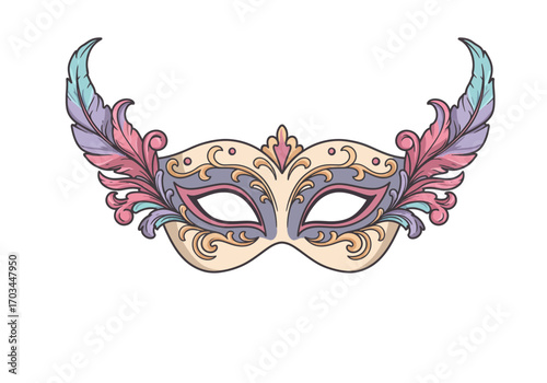Intricate masquerade mask with feathers swirls and ornate detail