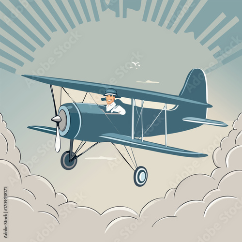 A vintage biplane soars through the clouds, piloted by a stylish aviator.
