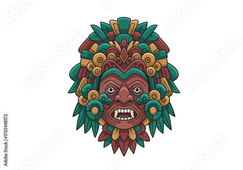 Redbrown angryfaced mask with green and gold headdress against white background
