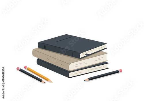 Stack of 3 books 2 pencils on white background