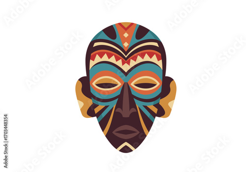 Stylized African mask with tribal patterns earthen hues and symmetrical design on a white background