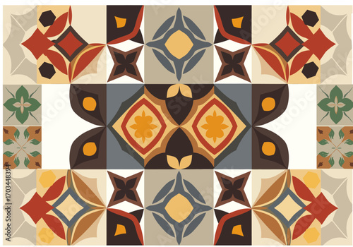 Tile arrangement showcasing symmetrical geometric and floral patterns
