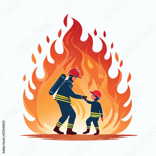 Firefighter in protective gear rescues a child from a large fire, extending a helping hand to lead them to safety.