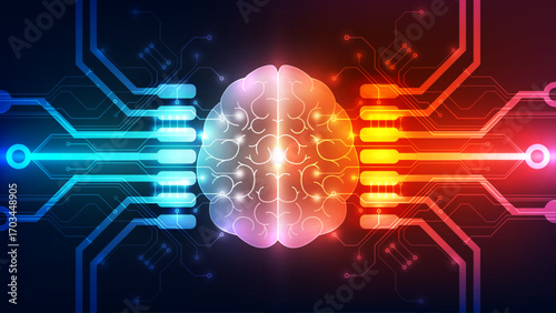 Glowing Futuristic Brain with Digital Circuit Connections in Neon Blue and Red Technology Background Illustration