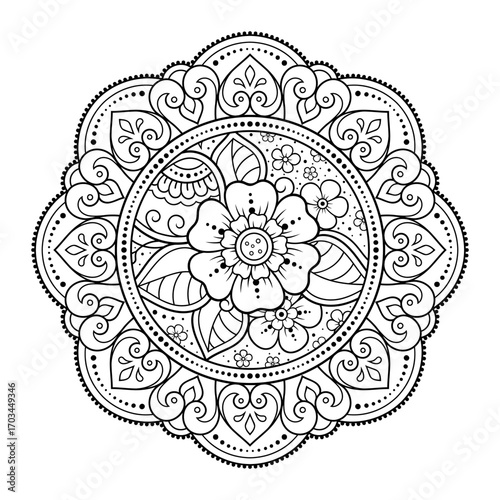 Circular pattern in form of mandala with flower for Henna, Mehndi, tattoo, decoration. Decorative ornament in ethnic oriental style. Outline doodle hand draw vector illustration.