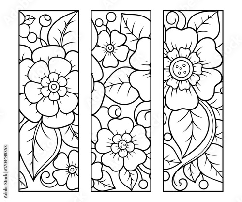 Printable bookmark for book - coloring. Set of black and white labels with flower patterns, hand draw in mehndi style. Sketch of ornaments for creativity of children and adults with colored pencils.