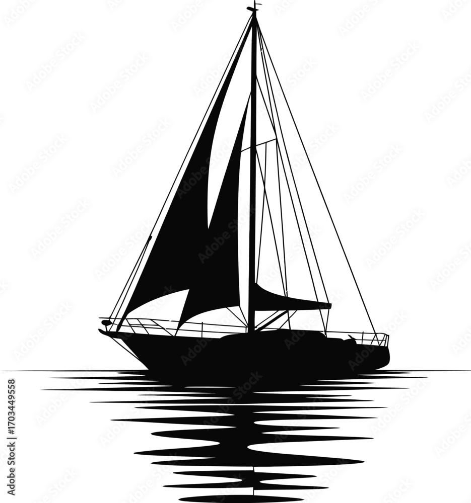 Fototapeta premium Black sailboat on water sailing reflection