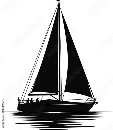 Black sailboat with people on water sailing ocean