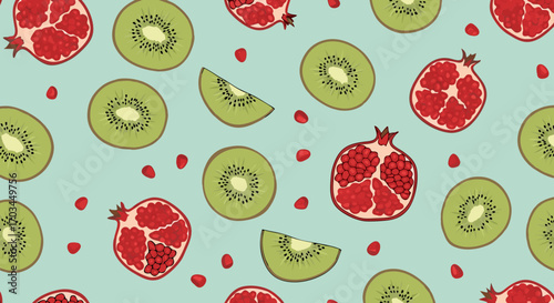 Seamless Pattern of Kiwi and Pomegranate on Pastel Background