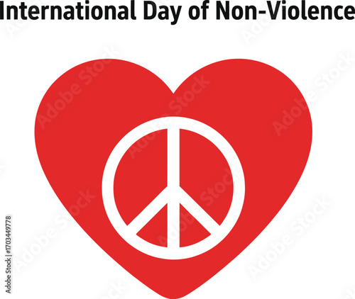 International day of nonviolence with red heart and peace symbol