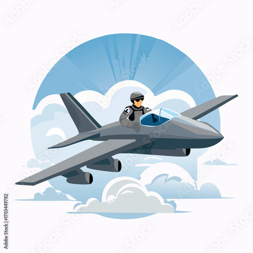 Stylized vector illustration of a military pilot flying a modern fighter jet plane through the sky with clouds and sun rays