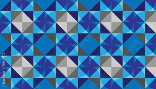 Seamless blue geometric pattern with pinwheel and diamond shapes in various shades of blue and gray