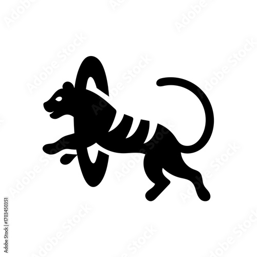 A flat minimalist icon of a tiger leaping through a hoop.